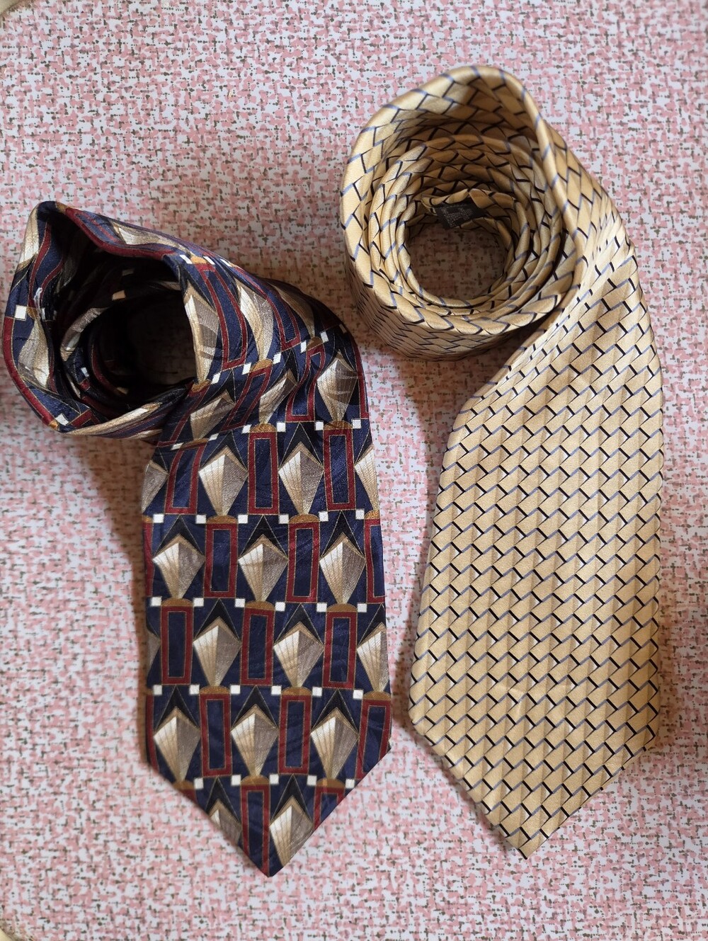 Zylos George Machado Silk Tie Lot 2 Vintage Art Deco Geometric Gold Navy 90s
